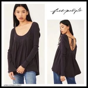 FREE PEOPLE BOHO FLOWY TUNIC TOP LONG SLEEVES BOHEMIAN TIE BACK PULLOVER A3C